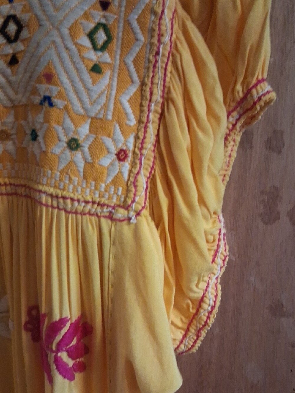 Yellow Embroidered Puff-Sleeve Mini Dress - Picture 6 of 7